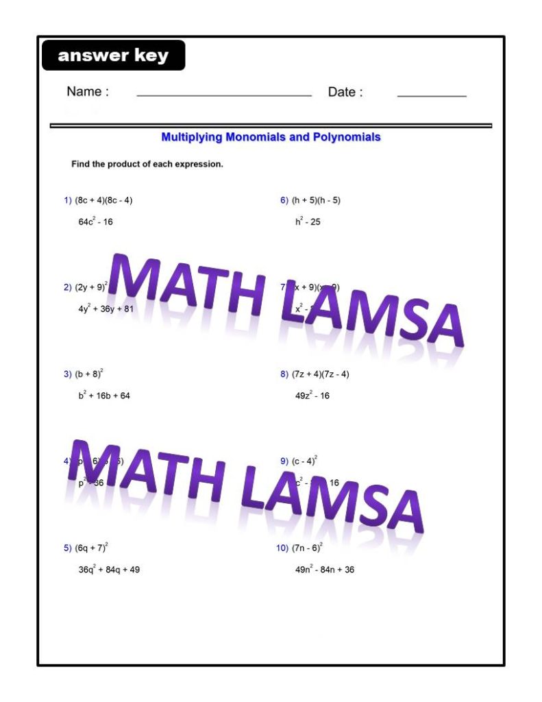 Algebra 1 - Multiplying Special Case Polynomialss - Find the product ...