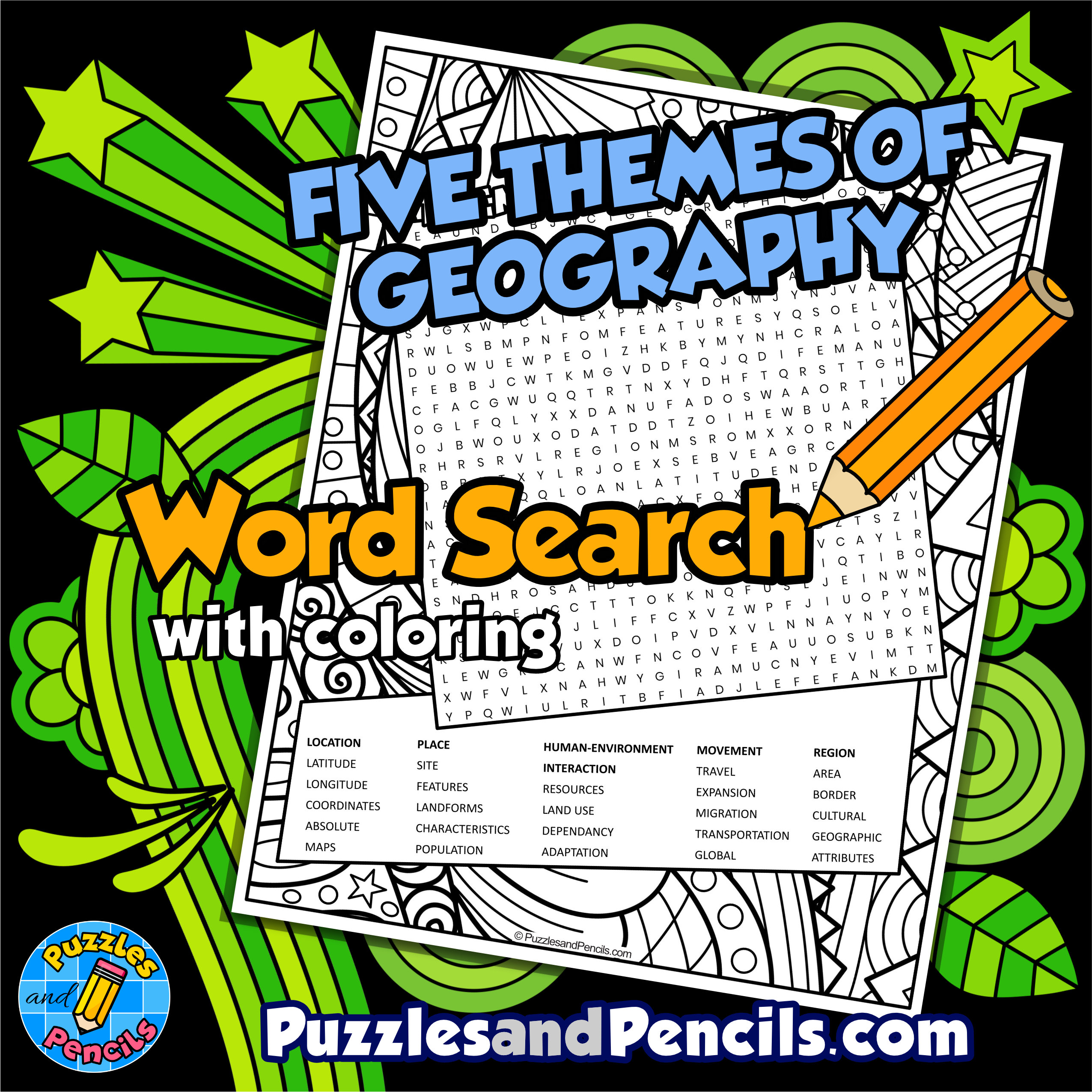 Five Themes of Geography Word Search Puzzle with Coloring