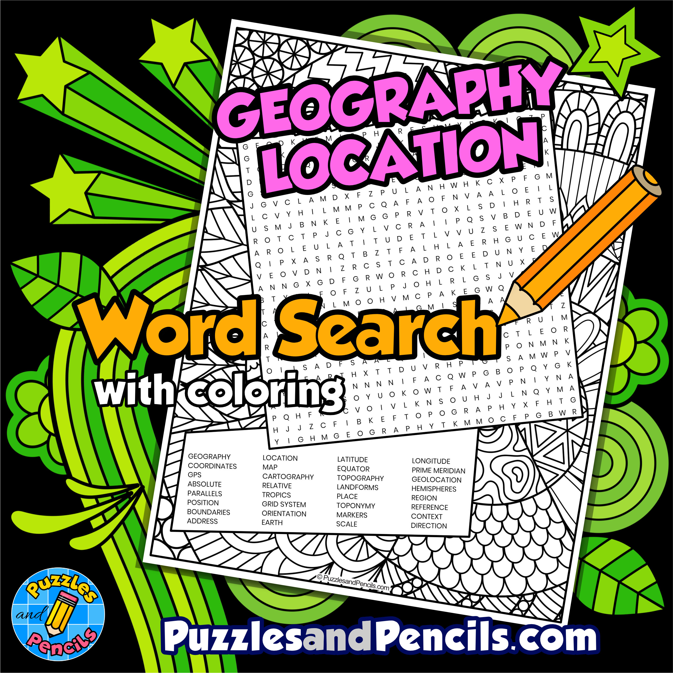 Location Word Search Puzzle with Coloring | Five Themes of Geography