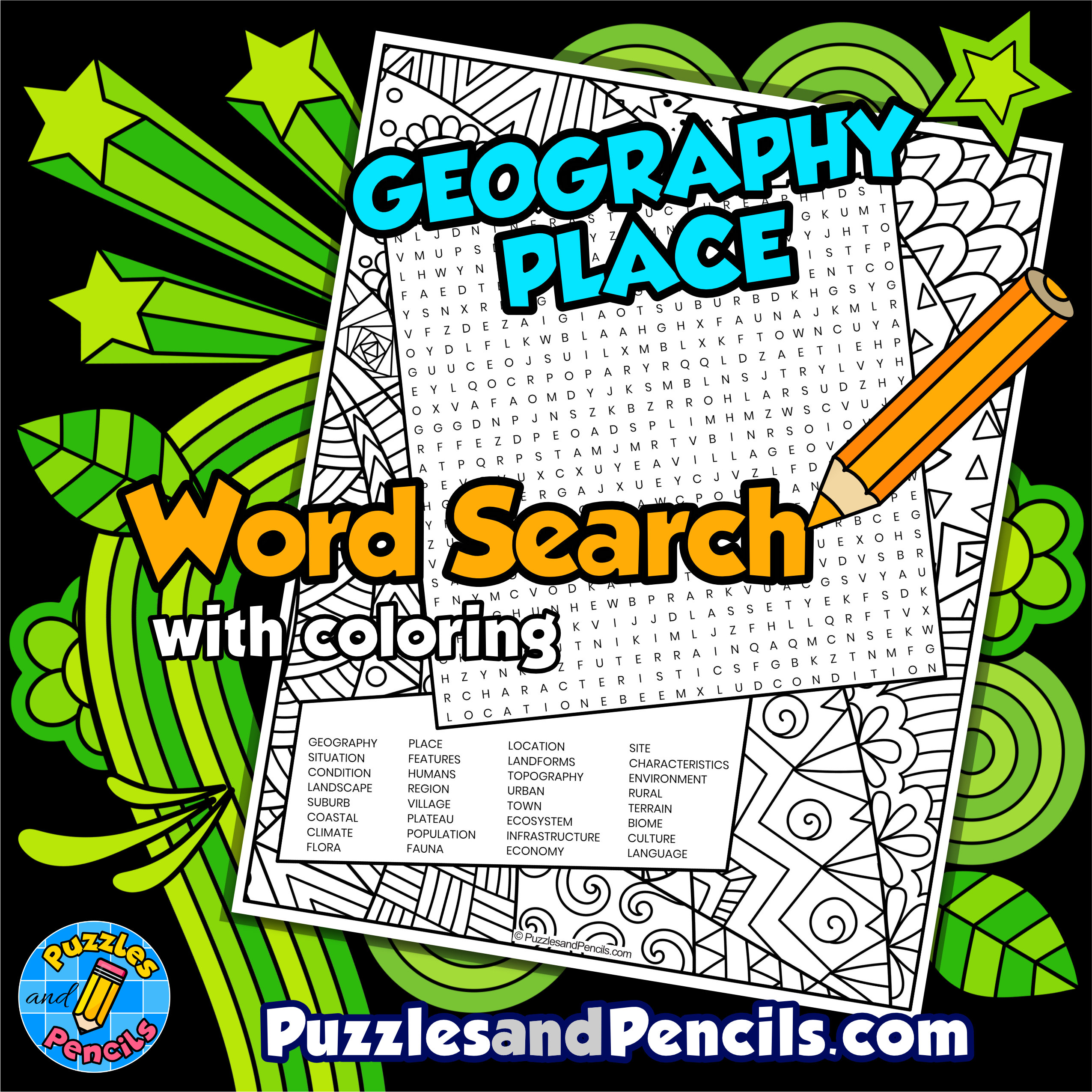 Place Word Search Puzzle with Coloring | Five Themes of Geography