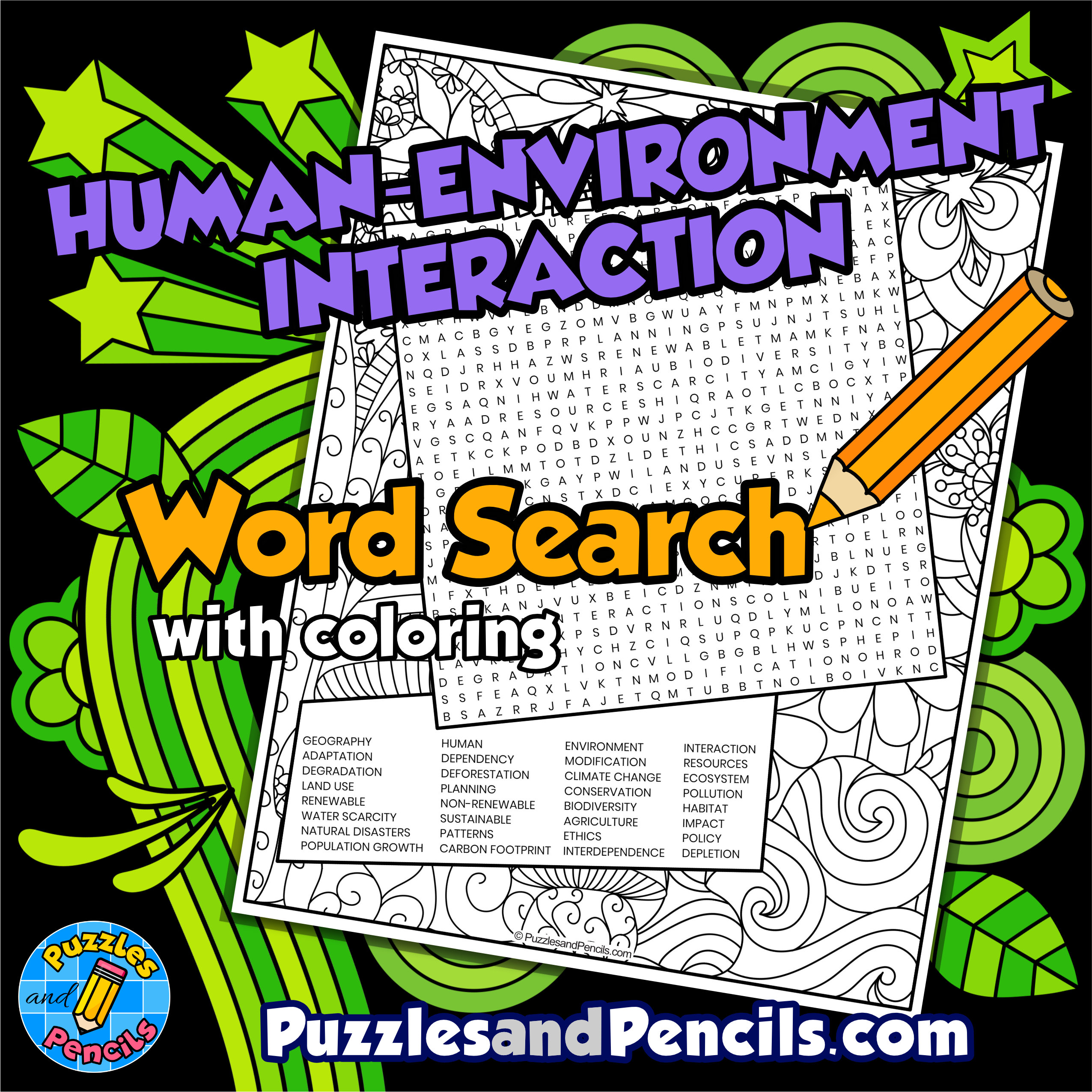 Human-Environment Interaction Word Search Puzzle with Coloring | Five Themes of Geography