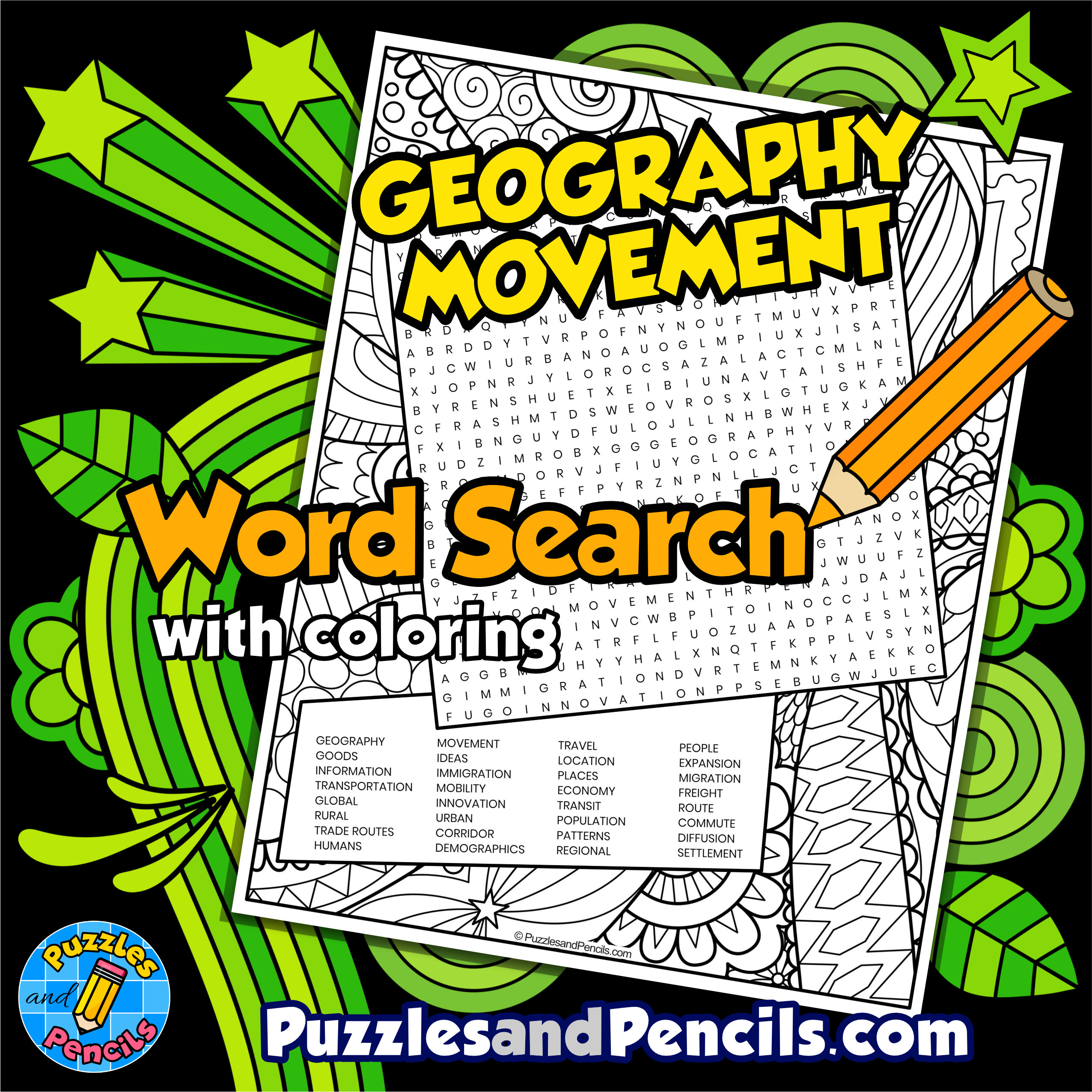 Movement Word Search Puzzle with Coloring | Five Themes of Geography