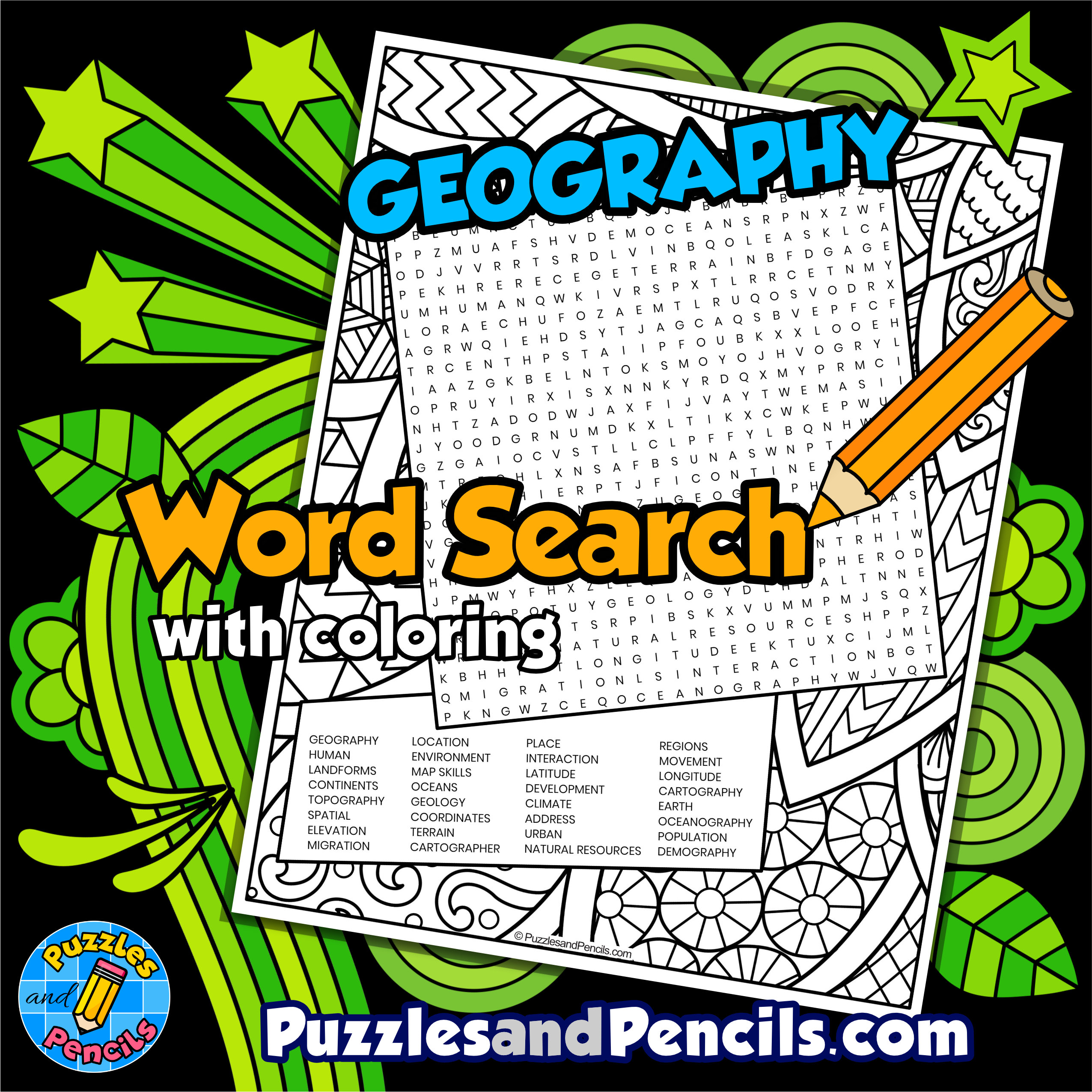 Geography Word Search Puzzle with Coloring