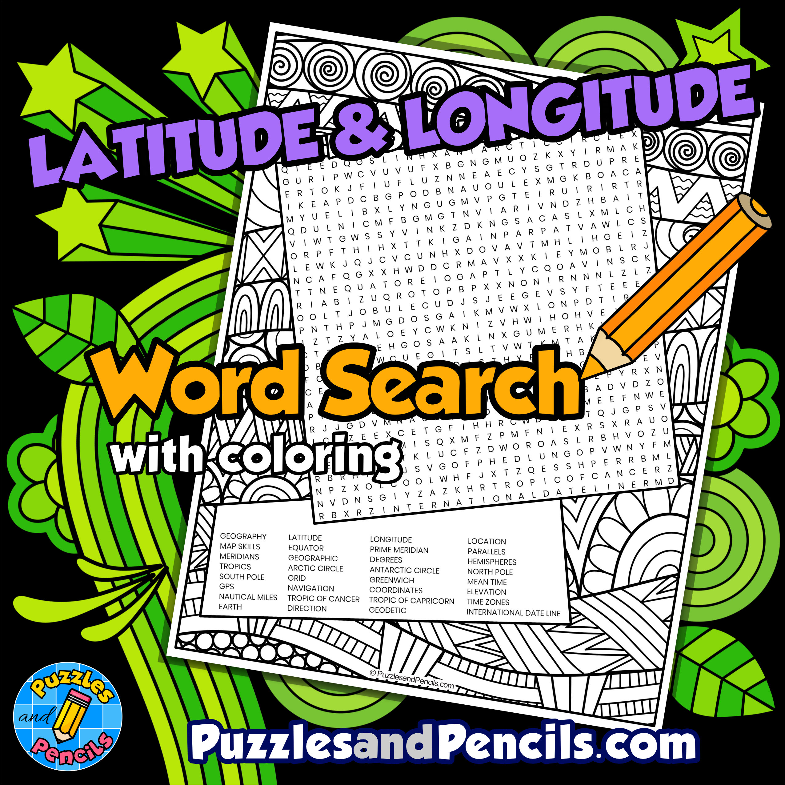 Latitude and Longitude Word Search Puzzle with Coloring | Geography