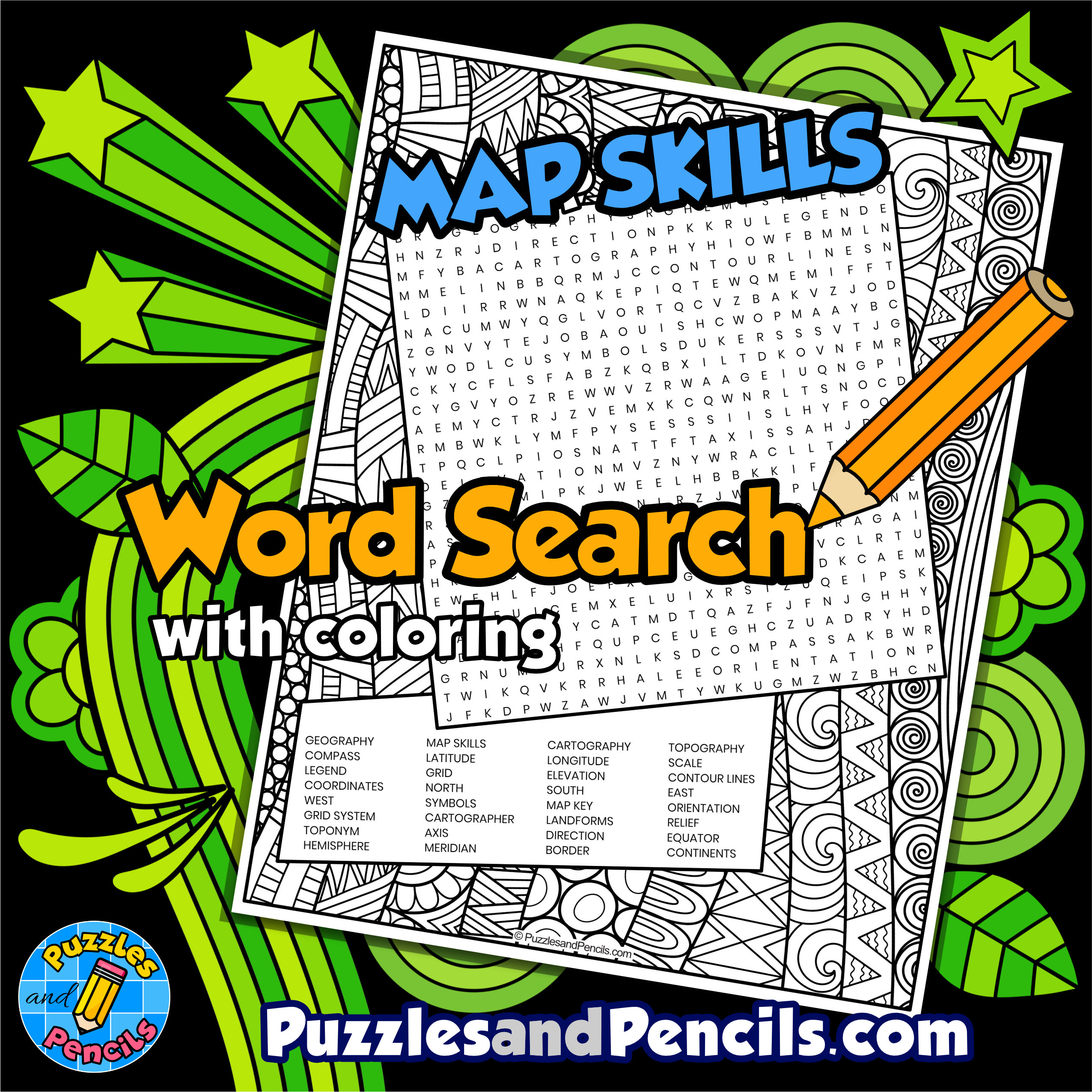 Map Skills Word Search Puzzle with Coloring | Geography