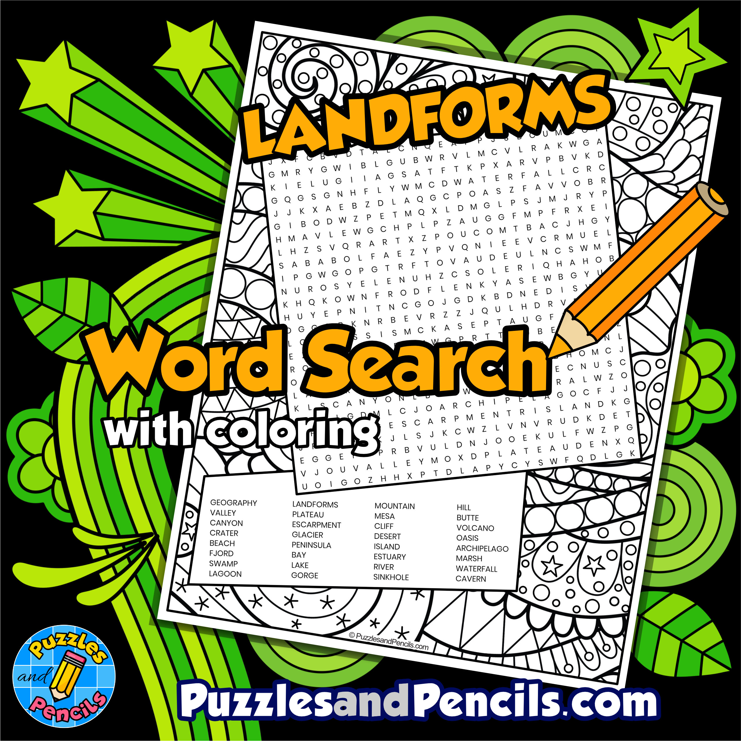 Landforms Word Search Puzzle with Coloring | Geography