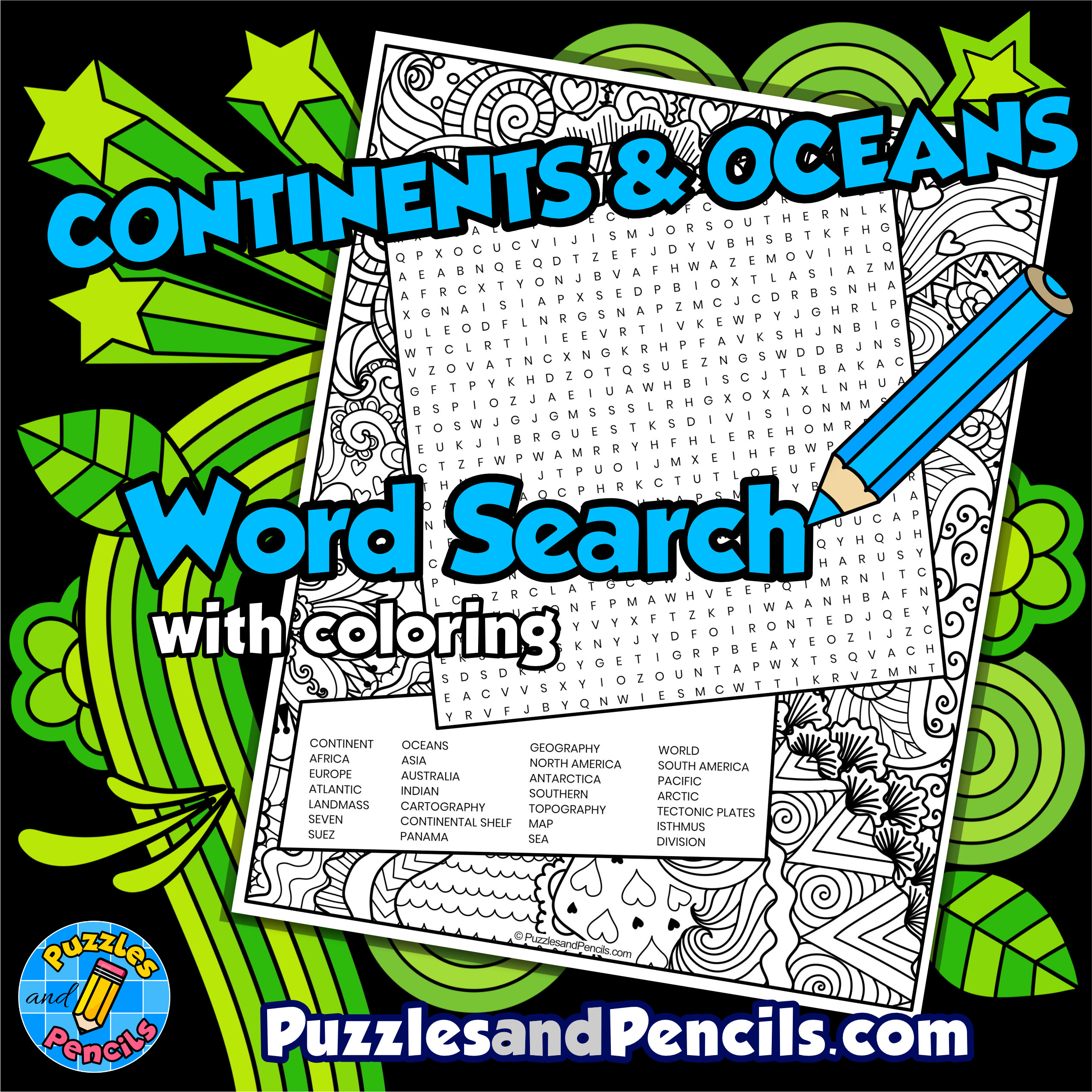 Continents and Oceans Word Search Puzzle with Coloring | Geography