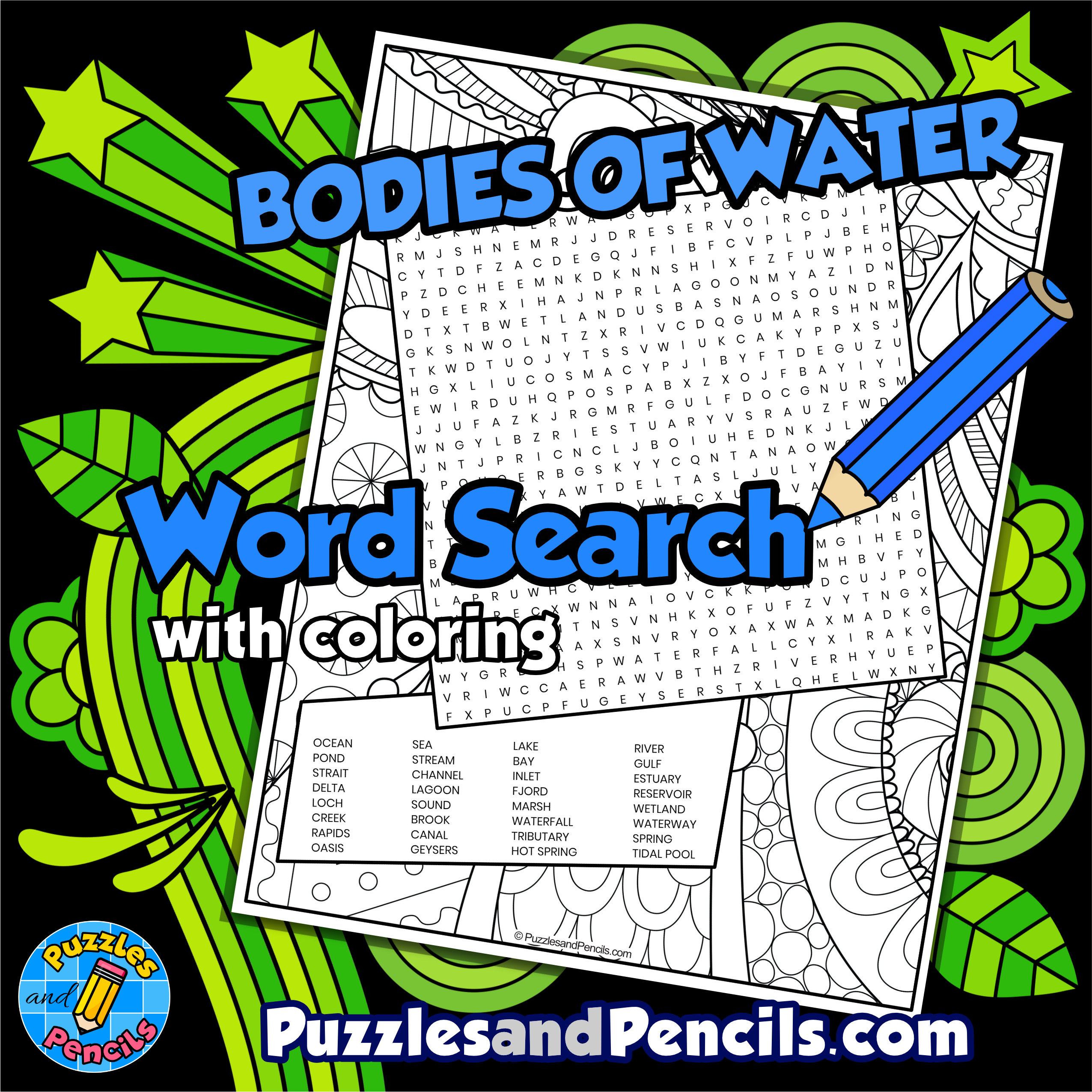 Bodies of Water Word Search Puzzle with Coloring | Geography