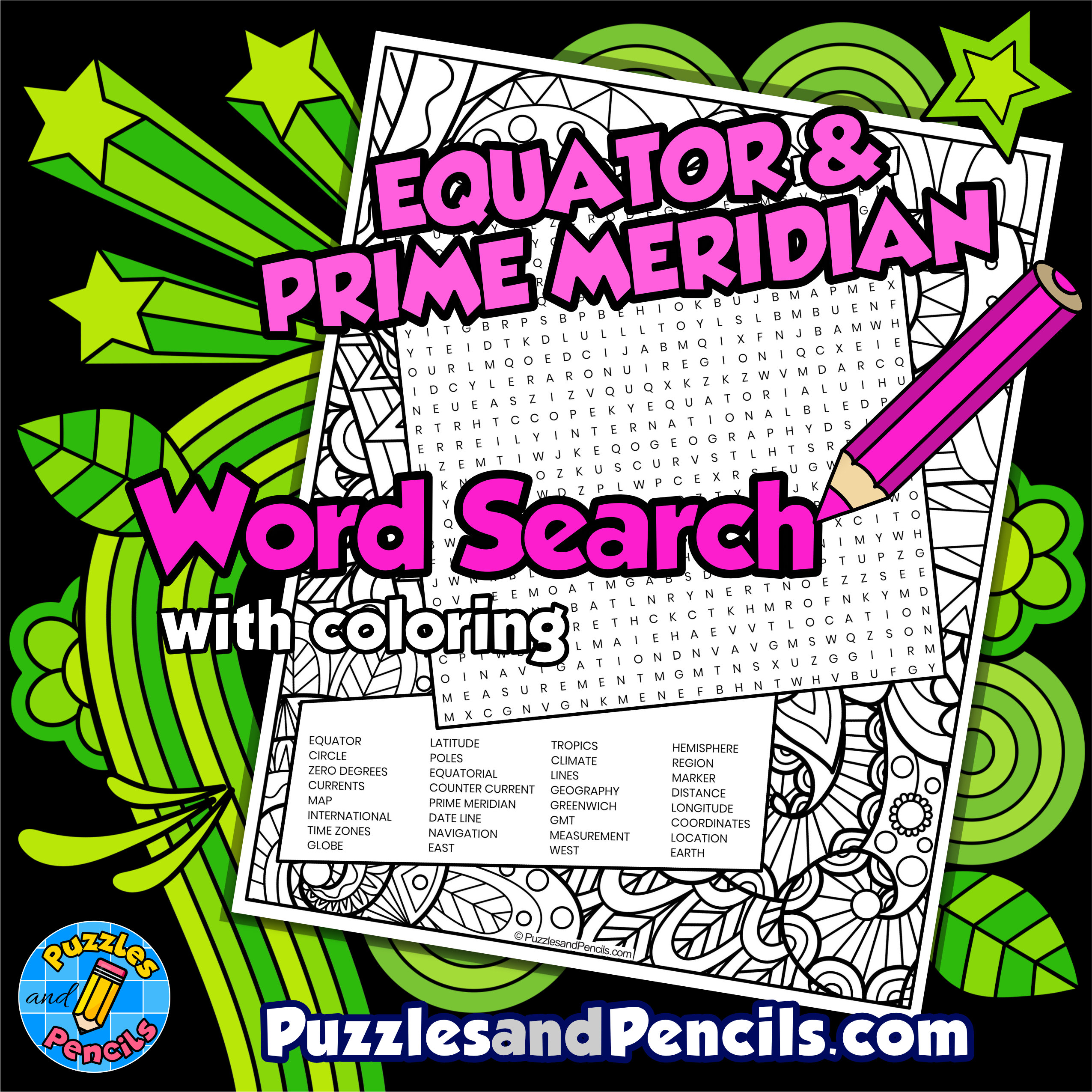 Equator and Prime Meridian Word Search Puzzle with Coloring | Geography