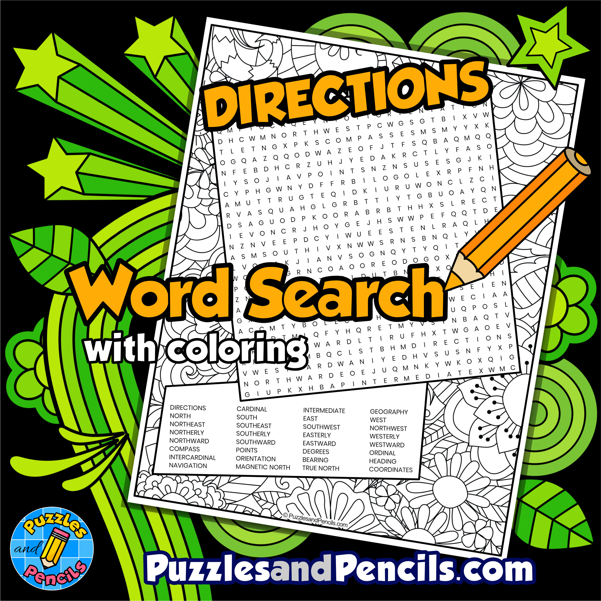 Directions Word Search Puzzle with Coloring | Geography