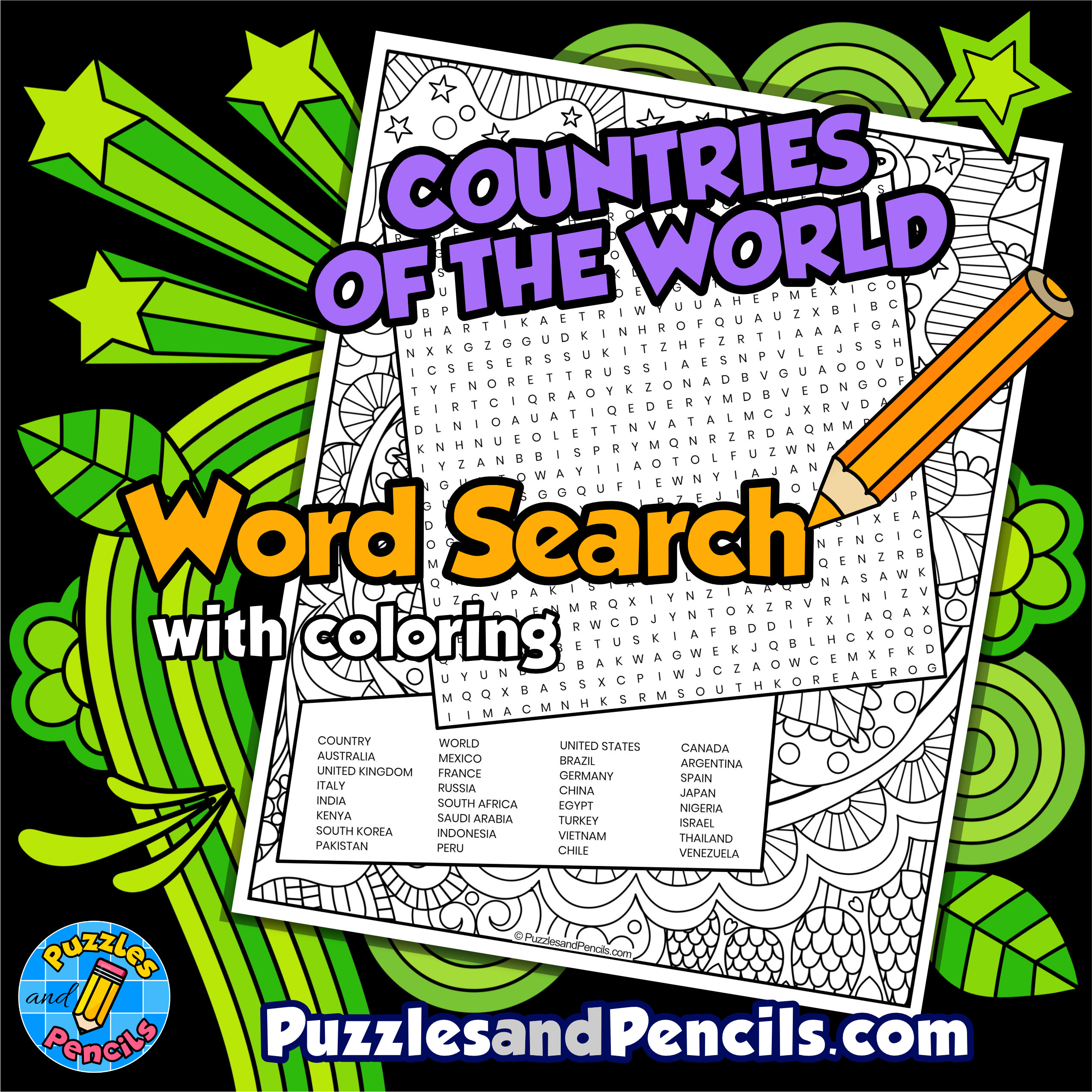 Countries of the World Word Search Puzzle with Coloring | Geography
