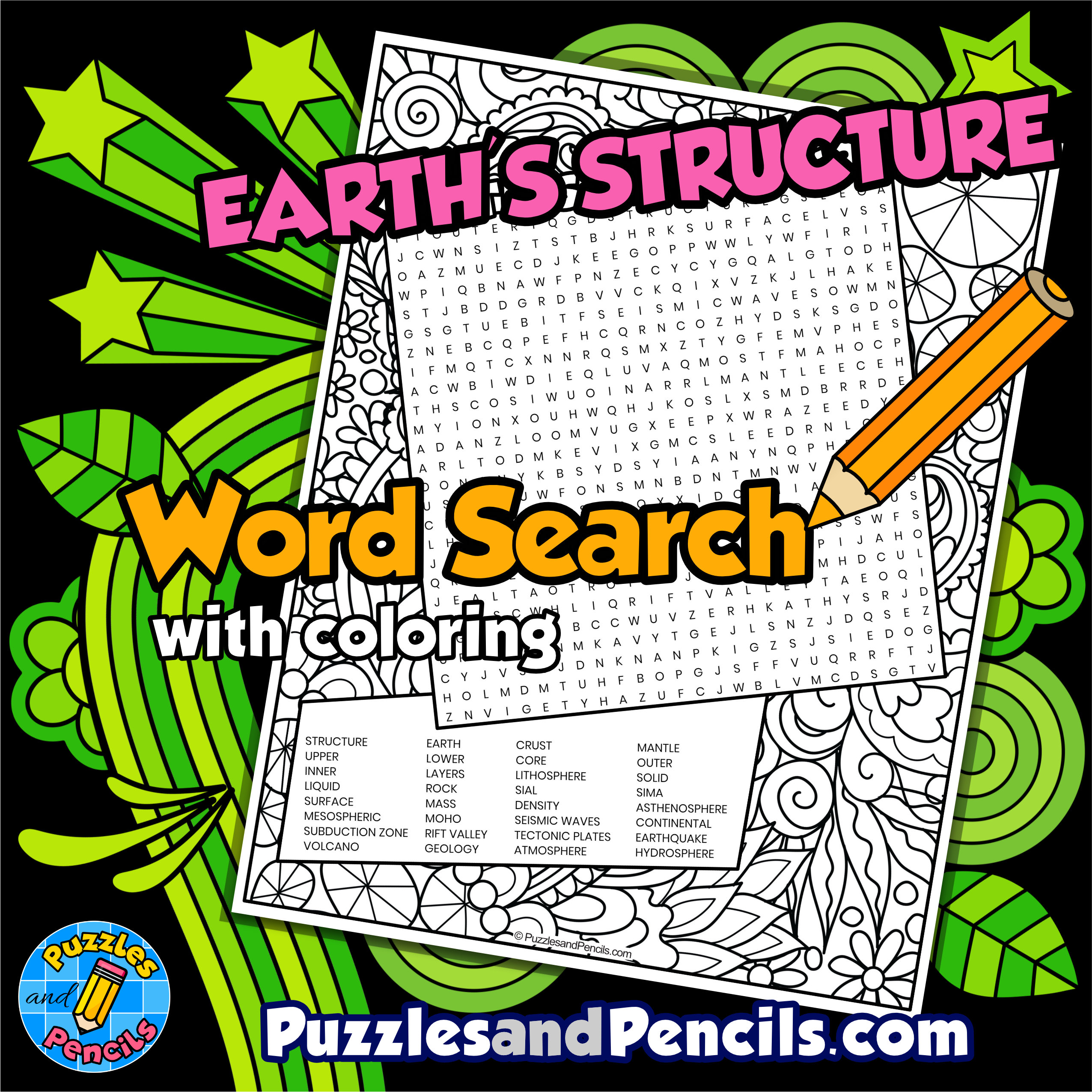 Earth's Structure Word Search Puzzle with Coloring | Geography