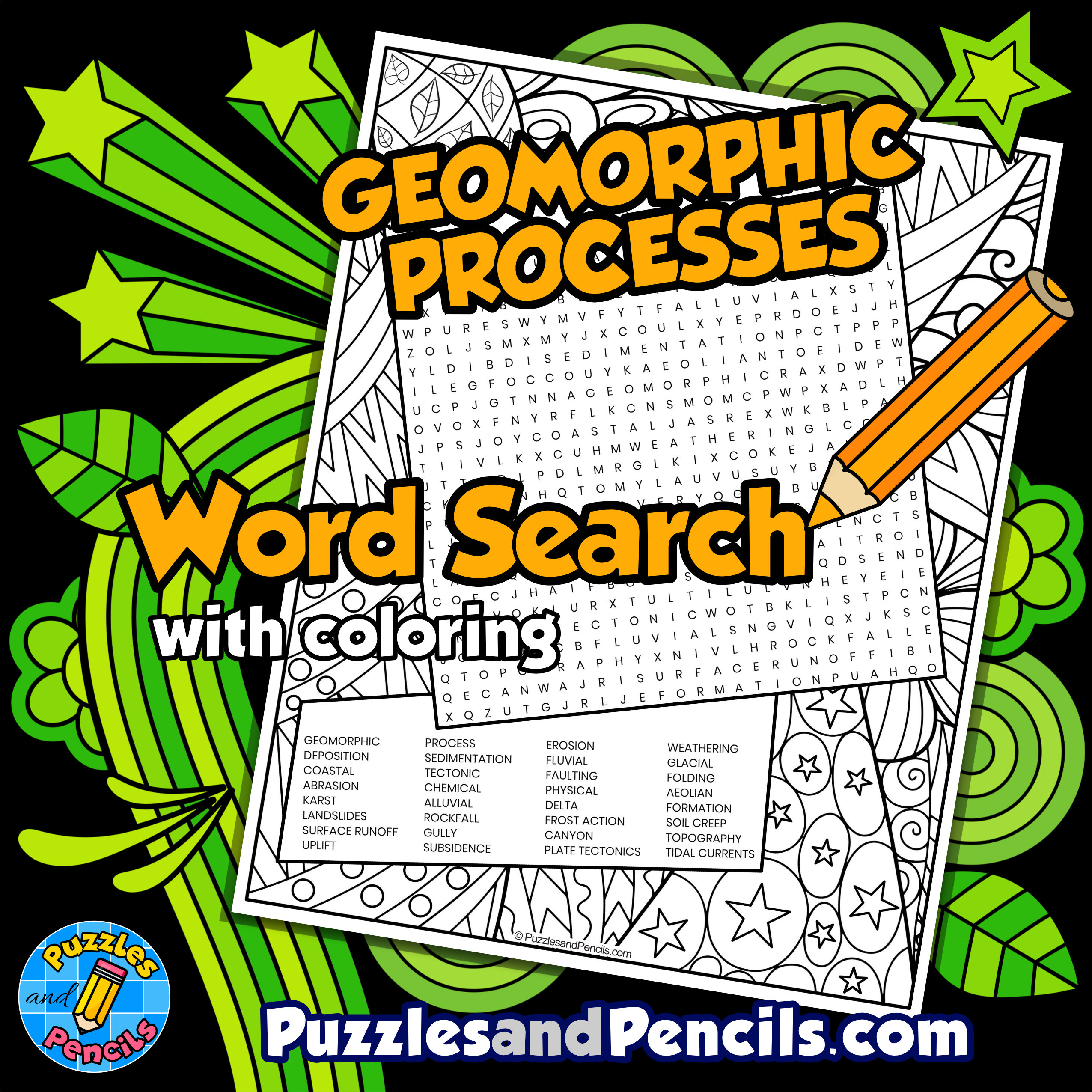 Geomorphic Processes Word Search Puzzle with Coloring | Geography