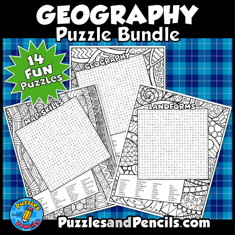 Geography Word Search Puzzle with Coloring BUNDLE
