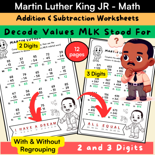 Martin Luther King Jr: Addition & Subtraction Decoding Worksheets ...