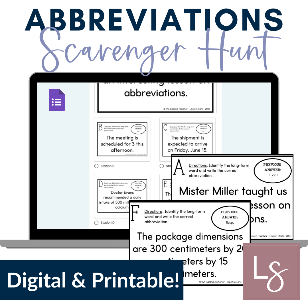 Abbreviations Practice Printable and Virtual Scavenger Hunt