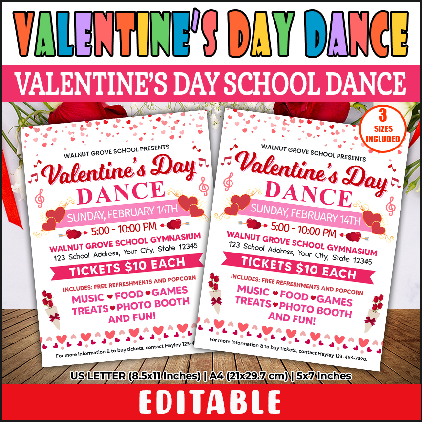 Valentine's Day Dance Flyer, PTO PTA School Dance Invitation Template