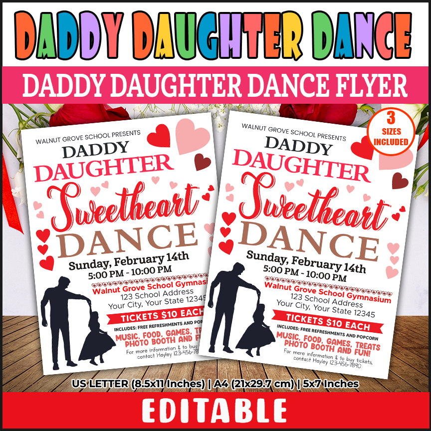 Customizable Daddy Daughter Valentine's Day Sweetheart Dance Flyer, School Dance Invite Template