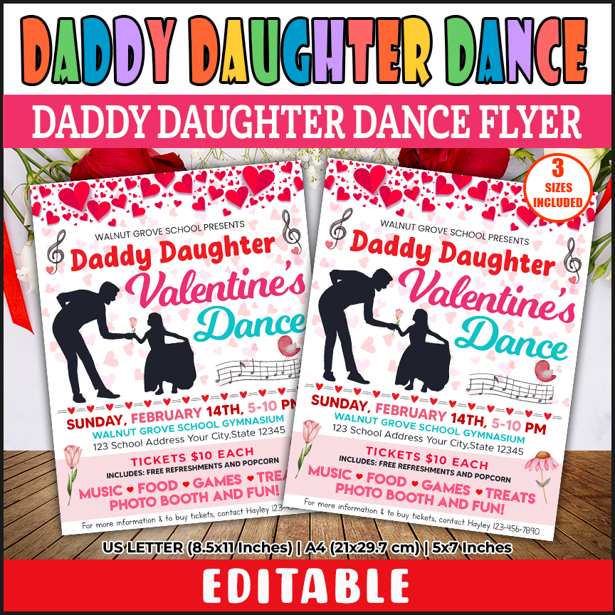 DIY Daddy Daughter Valentine's Day Dance Flyer, PTO PTA School Dance Invitation Template