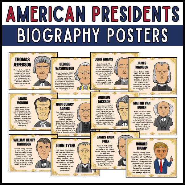 American Presidents Biography Posters 45 USA President's Day Bulletin ...