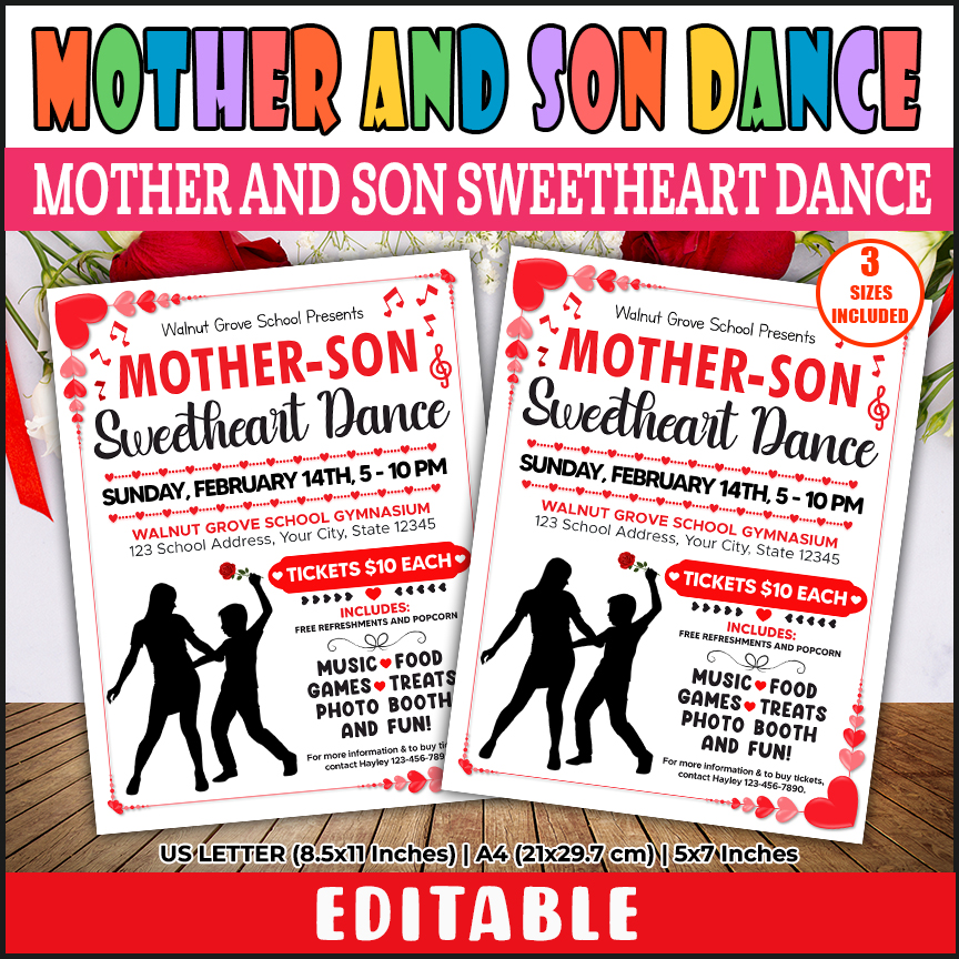 Editable Mother Son Sweetheart Dance Flyer, PTO PTA School Valentine's Day Invite