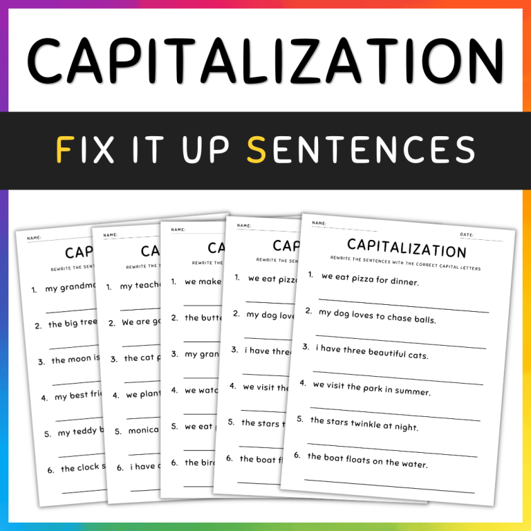 Capitalization Worksheets Fix the Sentences Grammar Practice, 1st Grade ...