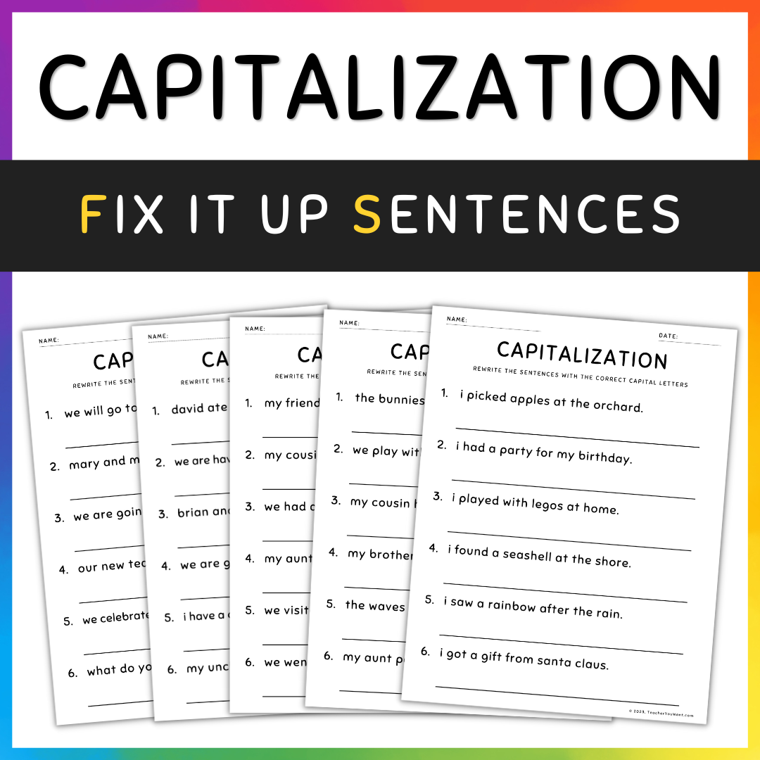 Capitalization Worksheets Fix the Sentences Grammar Practice, 2nd Grade