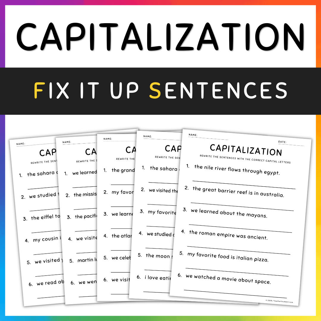 Capitalization Worksheets Fix the Sentences Grammar Practice, 3rd Grade