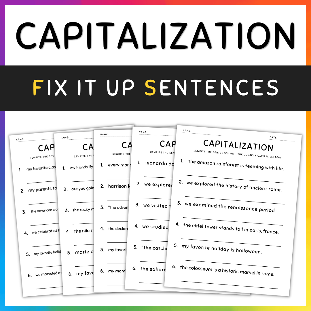 Capitalization Worksheets Fix the Sentences Grammar Practice, 5th Grade