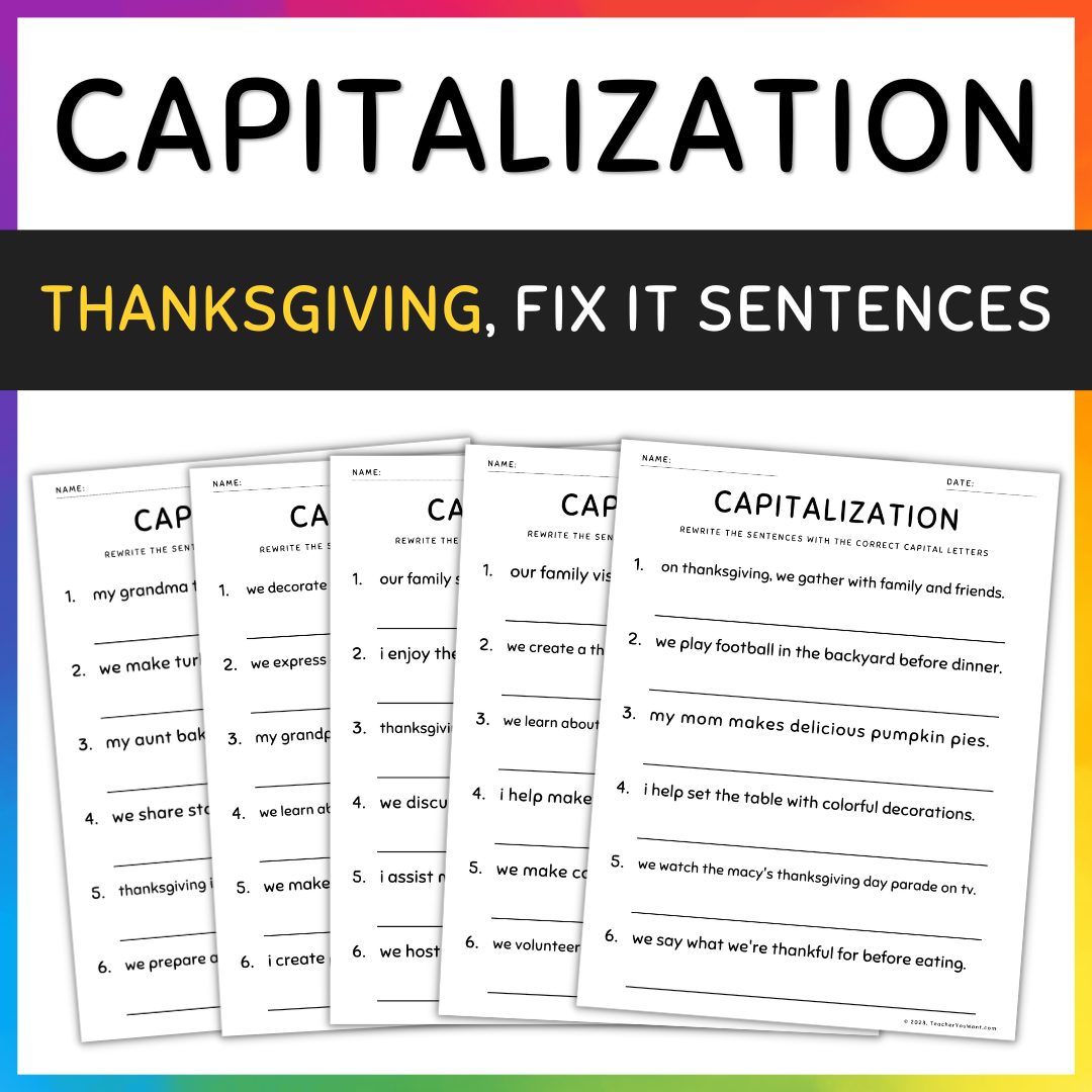 Thanksgiving Capitalization Worksheets Fix the Sentences Grammar Practice