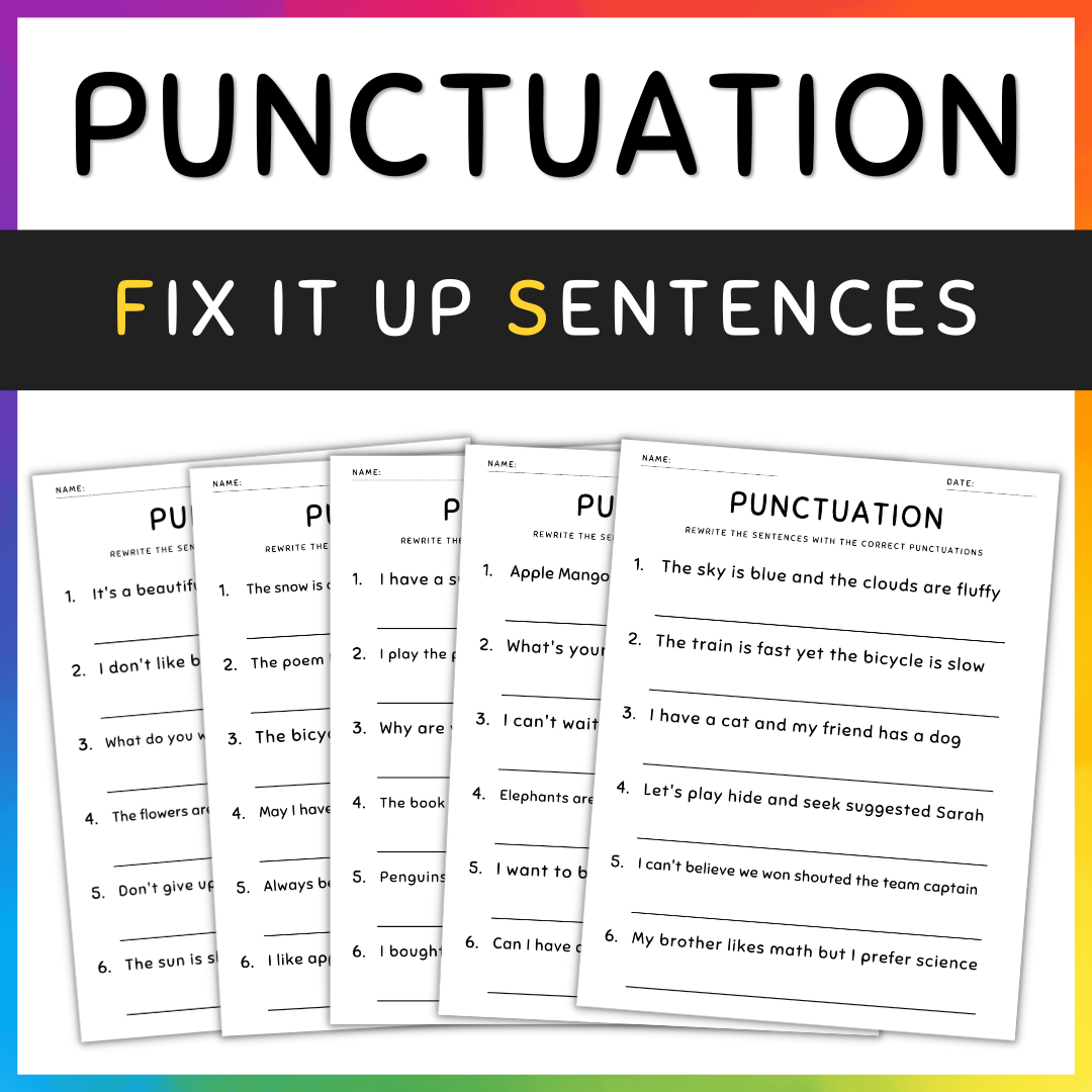 Punctuation Worksheets Fix the Sentences Grammar Practice, 4th Grade