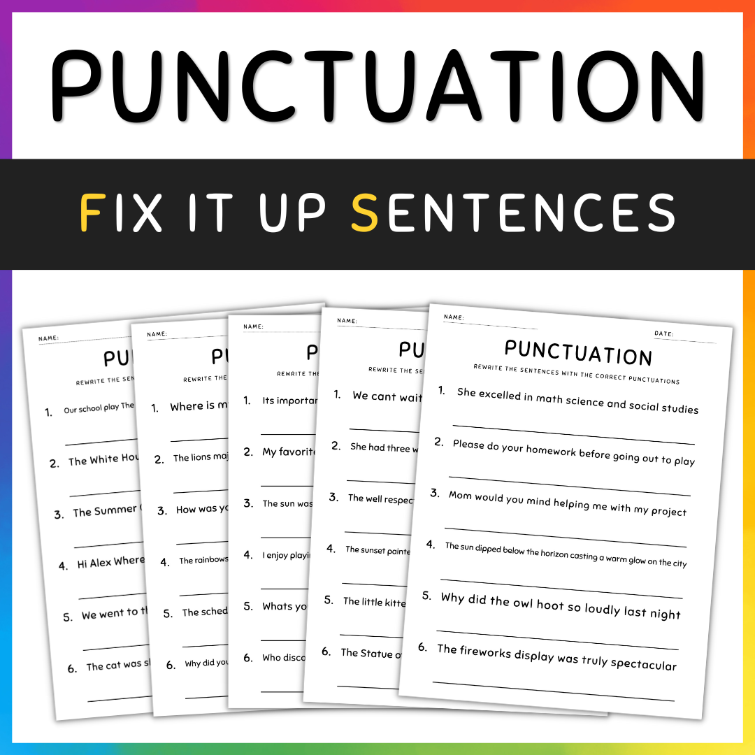 Punctuation Worksheets Fix the Sentences Grammar Practice, 5th Grade