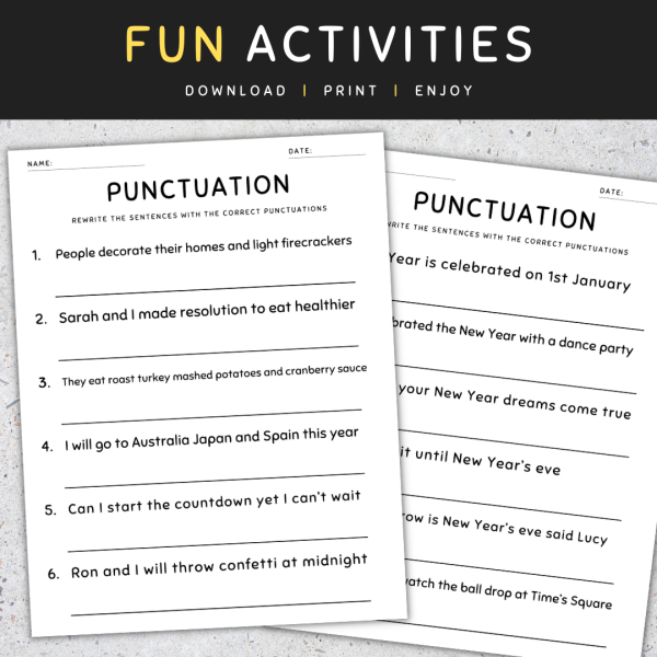 New Year Punctuation Worksheets Fix the Sentences Grammar Practice ...