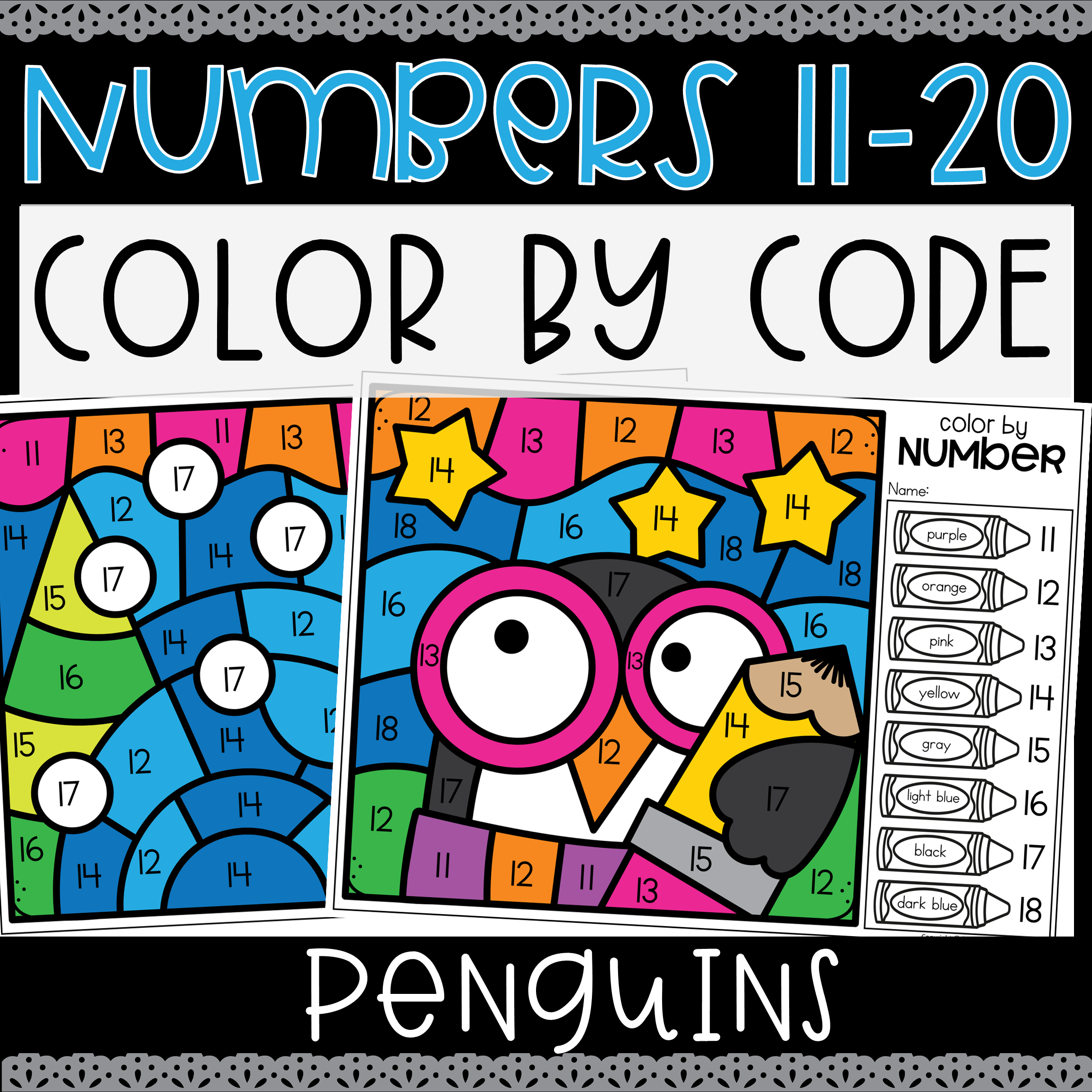 Penguin Numbers to 20 Color by Number Worksheets Color by Number Penguins