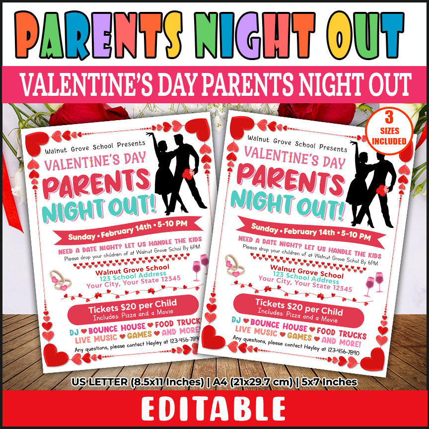 Editable Parents Night Out Valentine's Day Flyer, PTO PTA School Date Night Invite