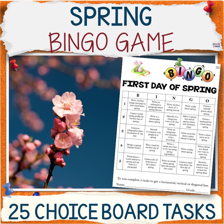 First Day of Spring Bingo Game, NO PREP Middle School Activities Choice Board
