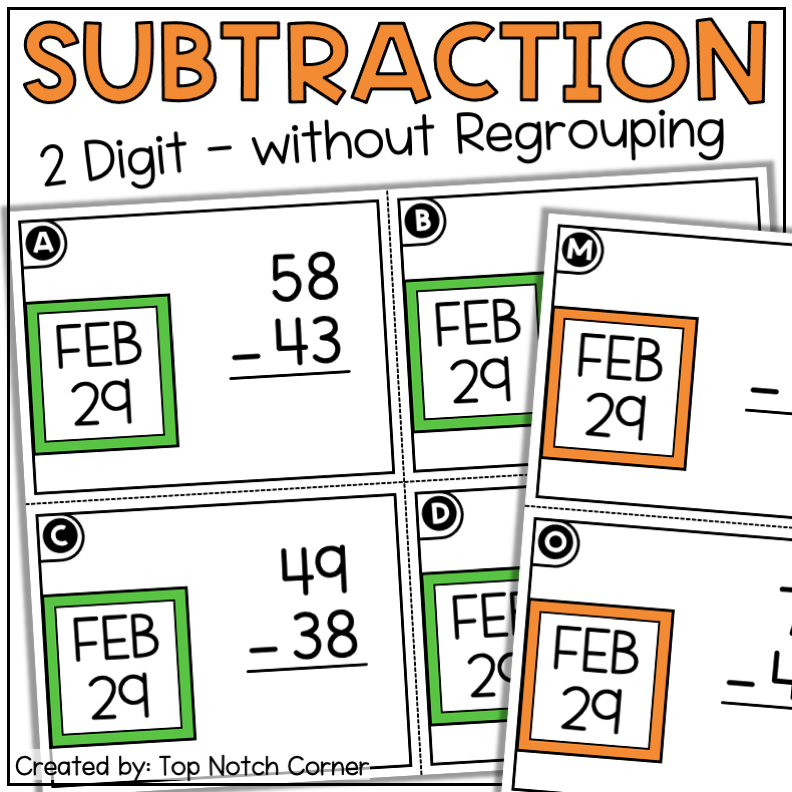 Leap Day Year 2024 2 Digit Subtraction without Regrouping