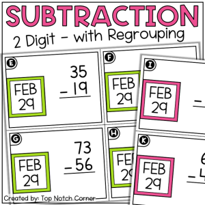 Leap Year Day 2024 2 Digit Subtraction with Regrouping Task Cards