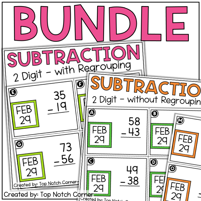 Leap Day Year 2024 2 Digit Subtraction with and without Regrouping Bundle