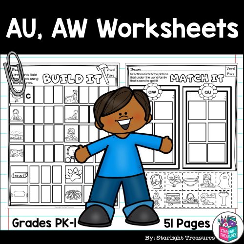 Vowel Pairs AU, AW Worksheets and Activities for Early Readers ...