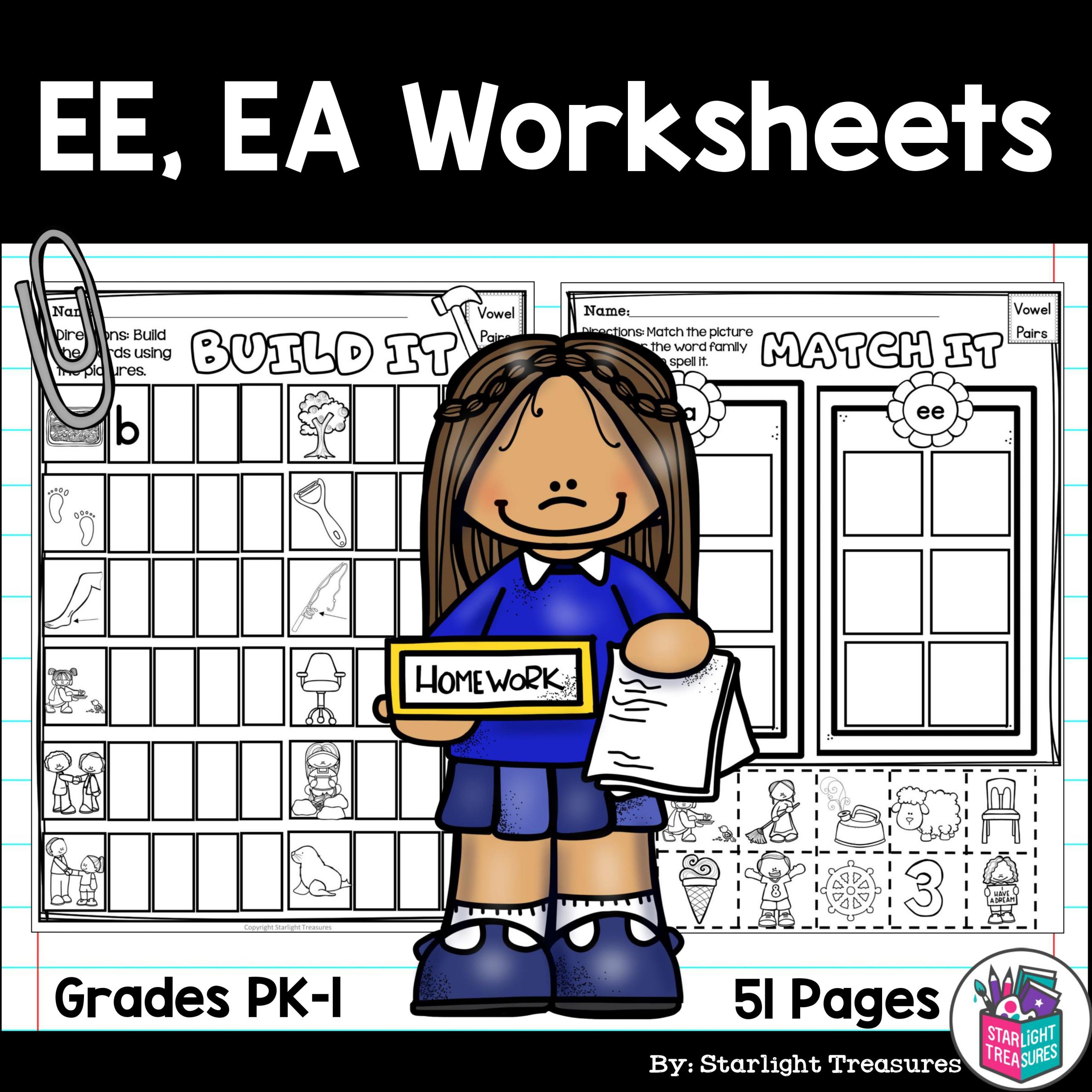 Vowel Pairs EE, EA Worksheets and Activities for Early Readers - Phonics