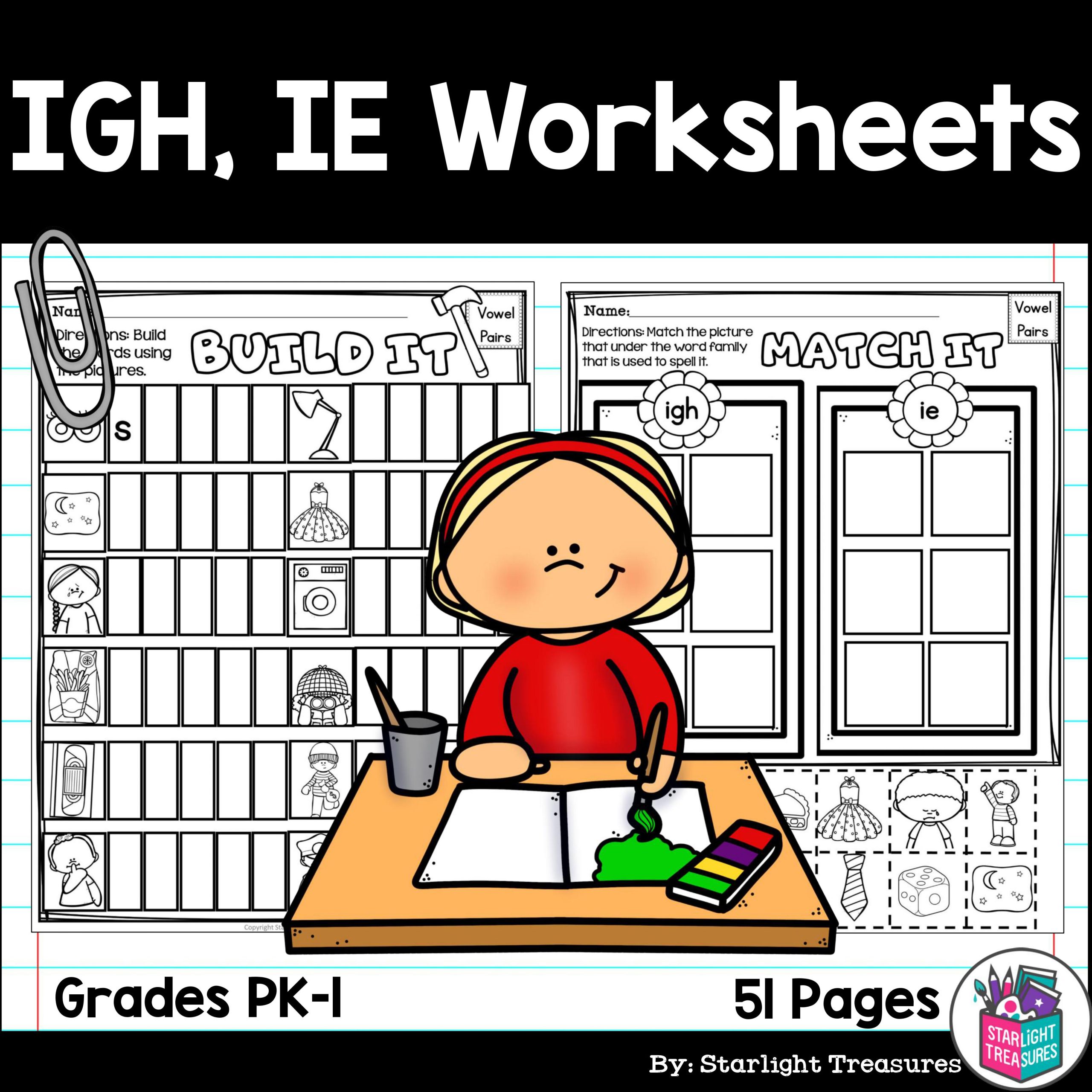 Vowel Pairs IGH, IE Worksheets and Activities for Early Readers - Phonics