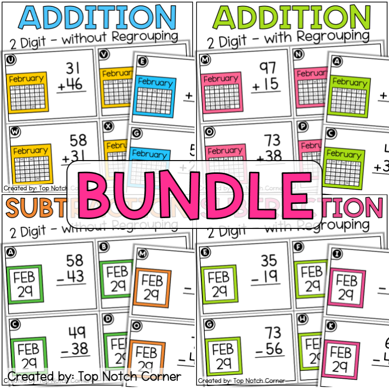 Leap Year Day 2024 Activities 2 Double Digit Addition and Subtraction Bundle