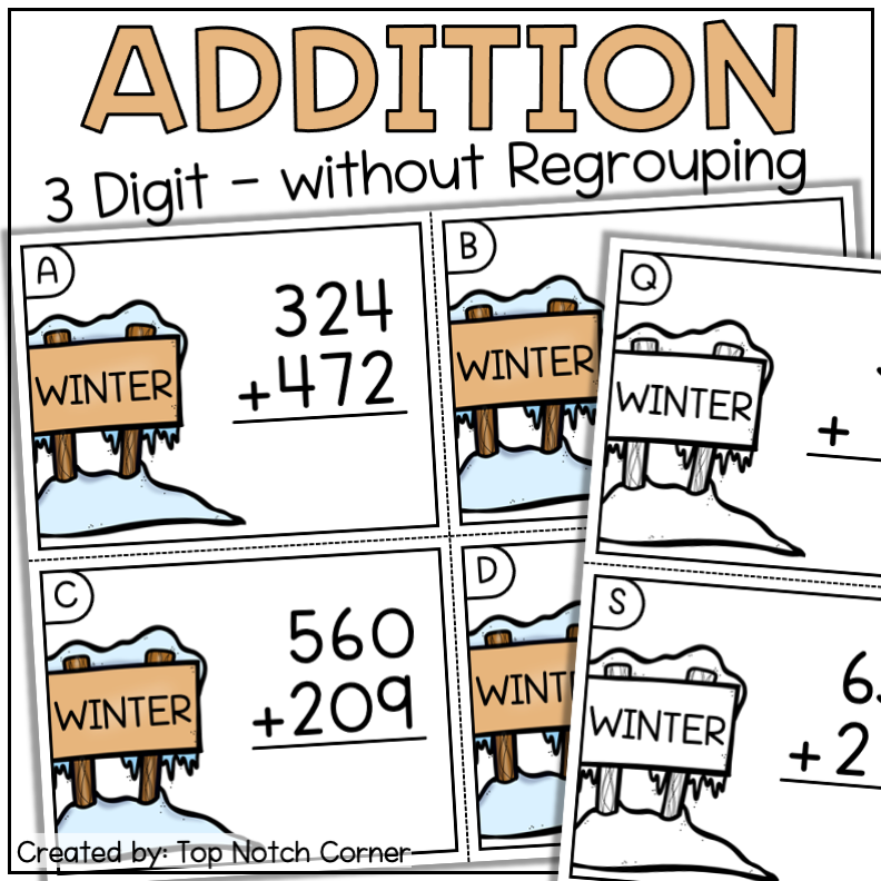Winter Activities 3 Digit Addition without Regrouping Task Cards