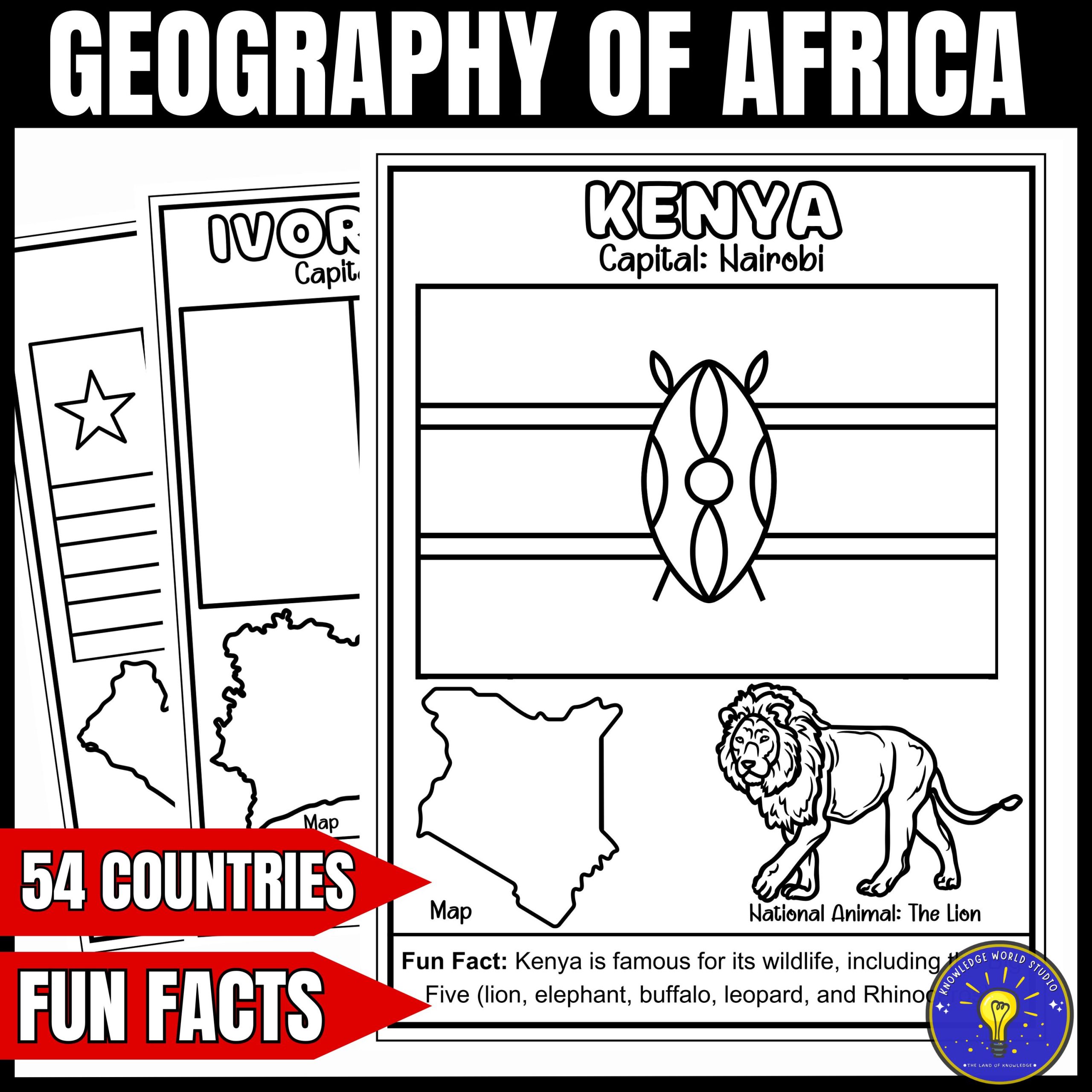 Geography of Africa Coloring Pages | Flags - Capitals - National Animals - Maps