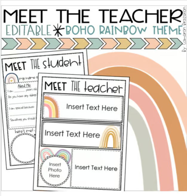 Meet the Teacher Editable Handout Back to School All About Me Boho Rainbow Theme