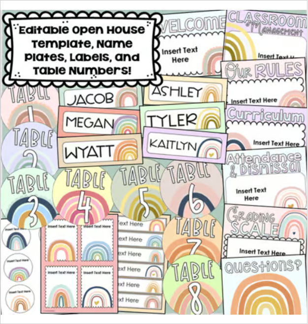 Boho Rainbow Class Decor Bundle (Behavior Chart, Name Plates, Labels ...