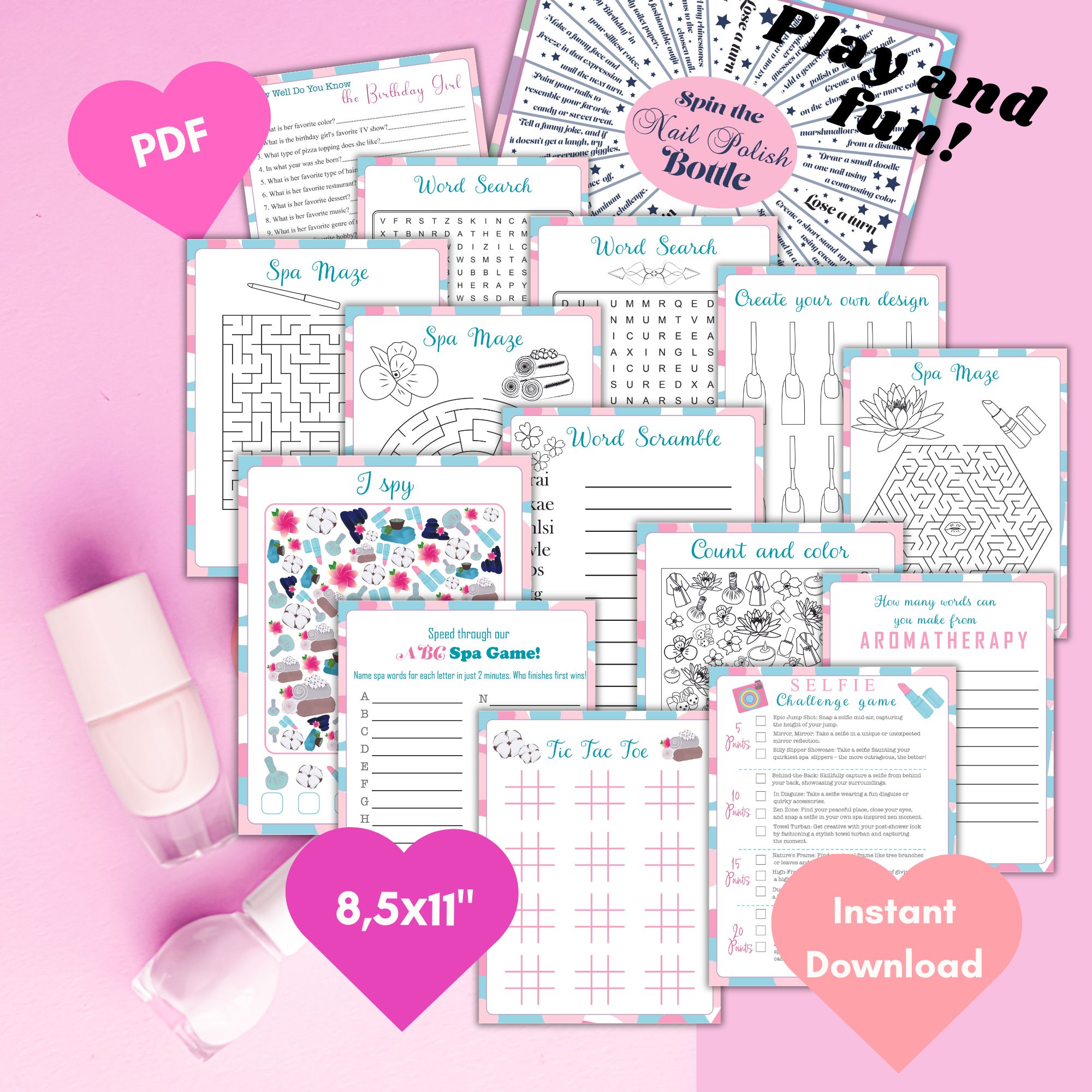 Spa activities pack I Spy ABC Selfie Tic Tac Toe Spin Bottle