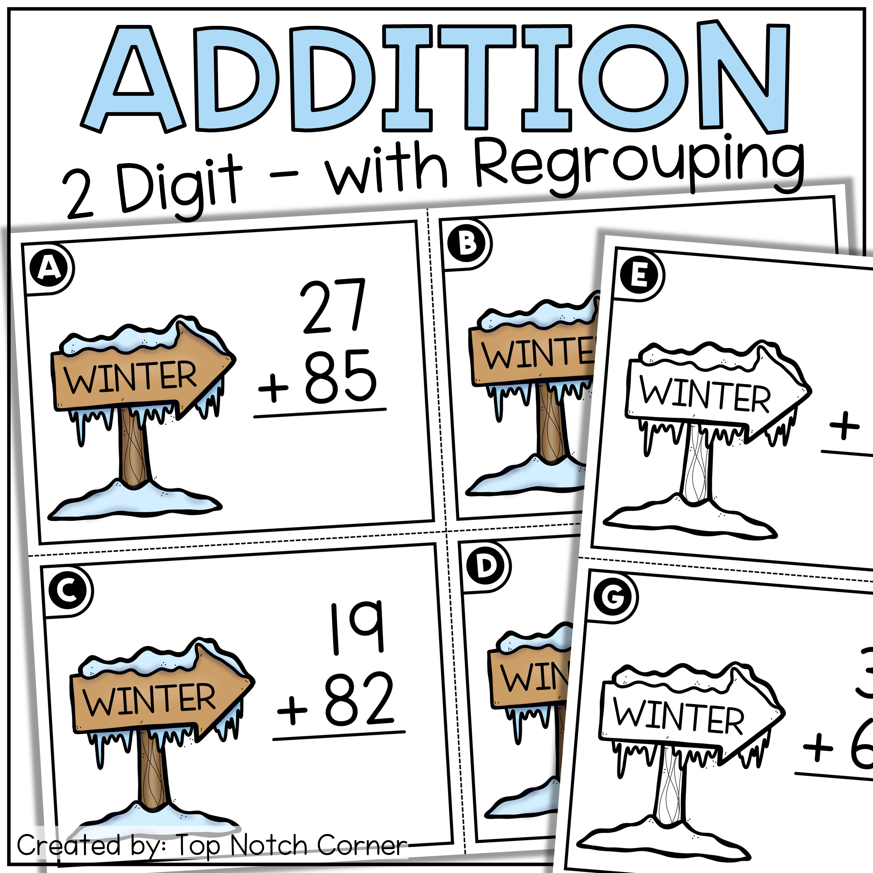 2 Digit Addition with Regrouping Task Cards Winter Activities