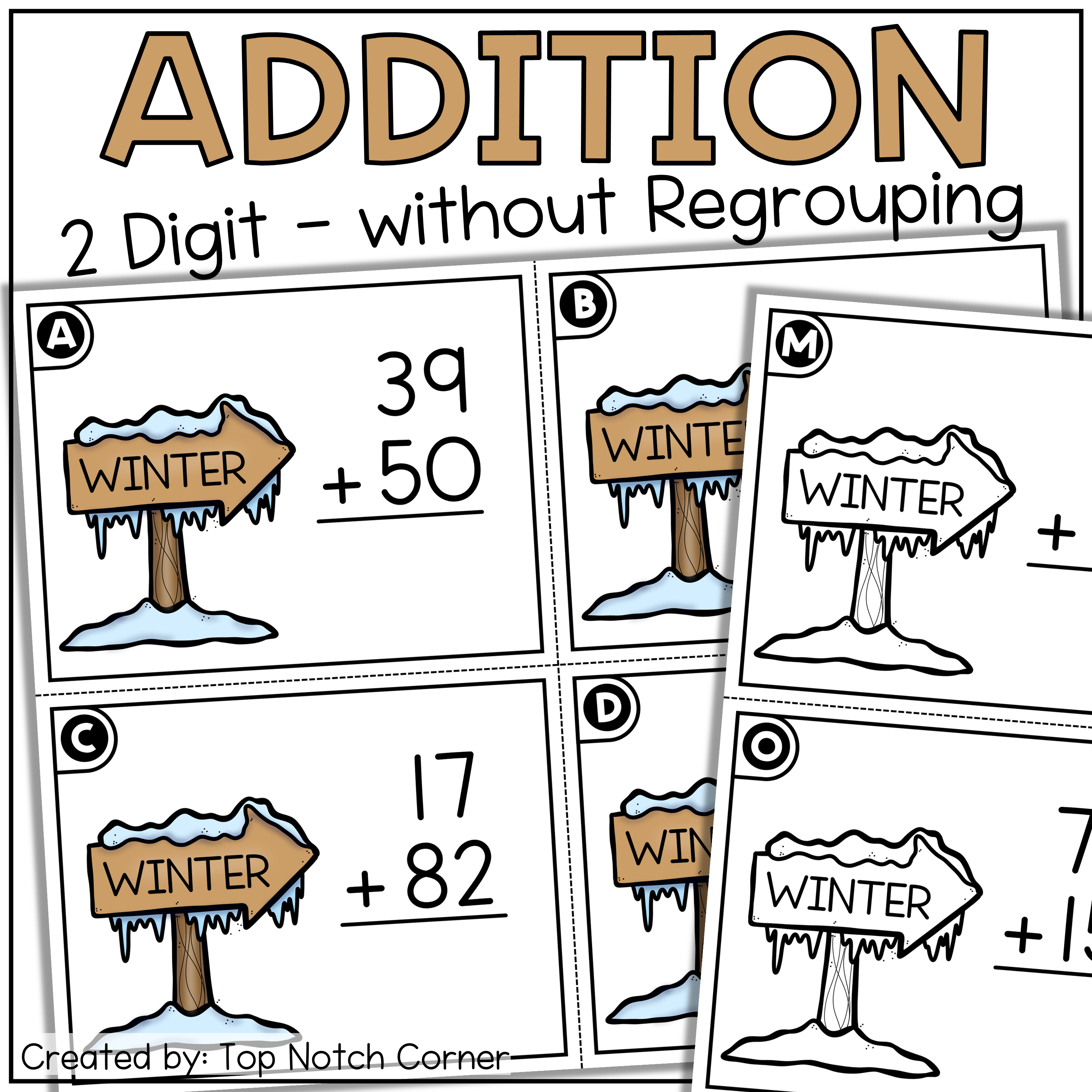Double Digit Addition without Regrouping Task Cards Winter Activities